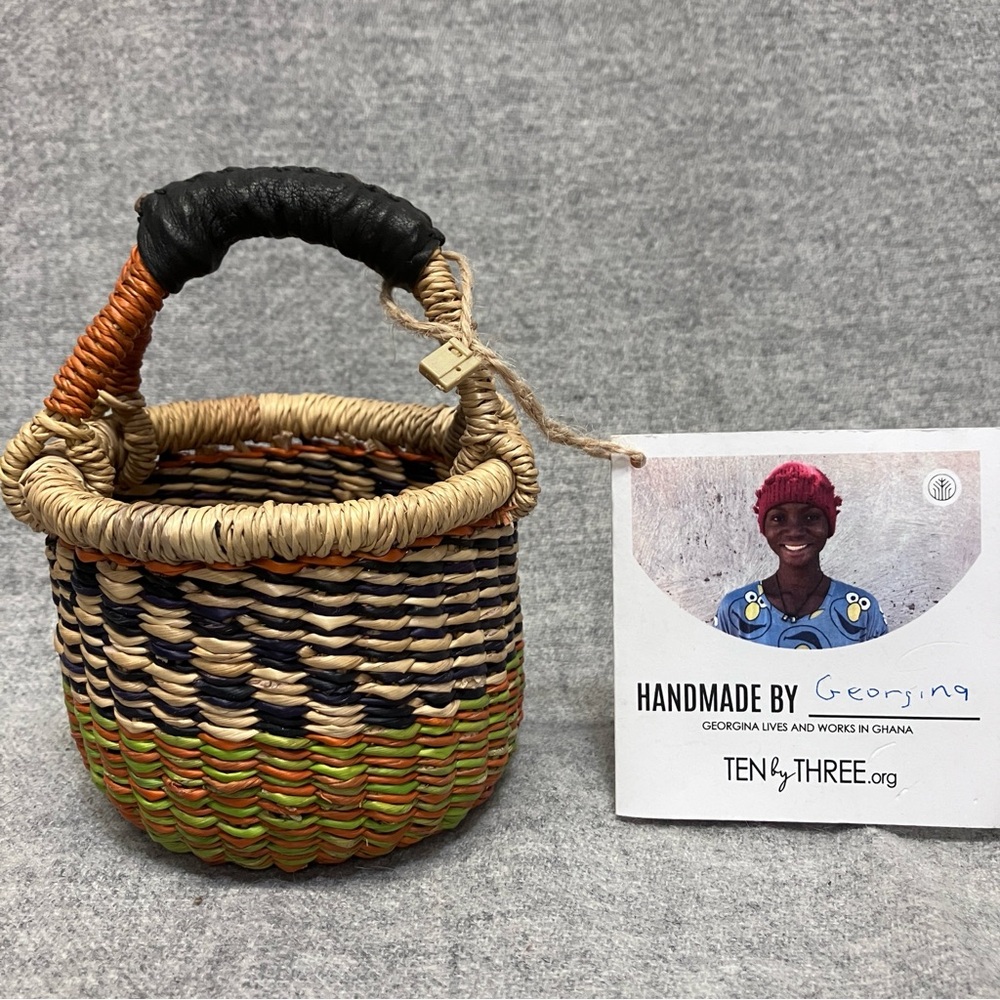 Ghana Bolga Basket Mini Tiny Gratitude Small Multicolor Handmade Leather Handle